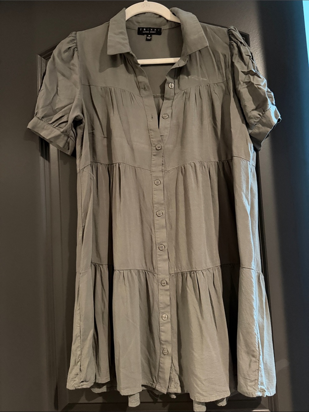 Trixxi Olive Green Tiered Button-Down Mini Dress